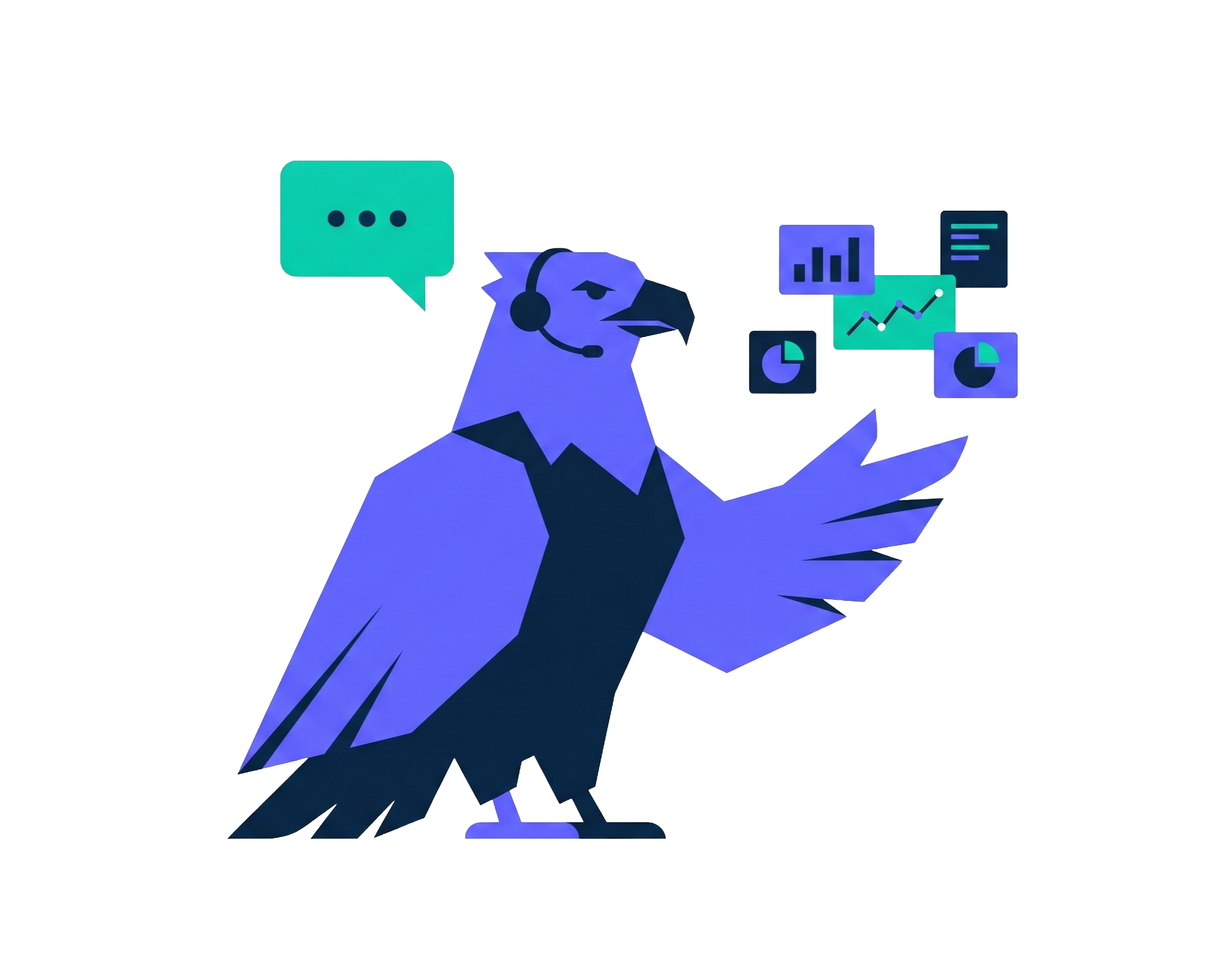 Eagle with headset presenting floating data charts and pipeline insights